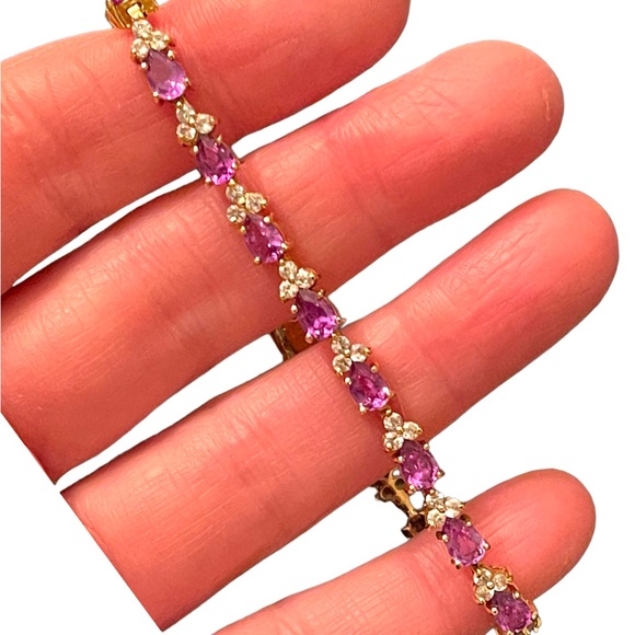 Sterling silver 925 Gold plt DBJ Thai CZ Simulated Amethyst tennis bracelet - Picture 9 of 12
